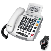 Geemarc fastnettelefon med nødkaldsarmbånd